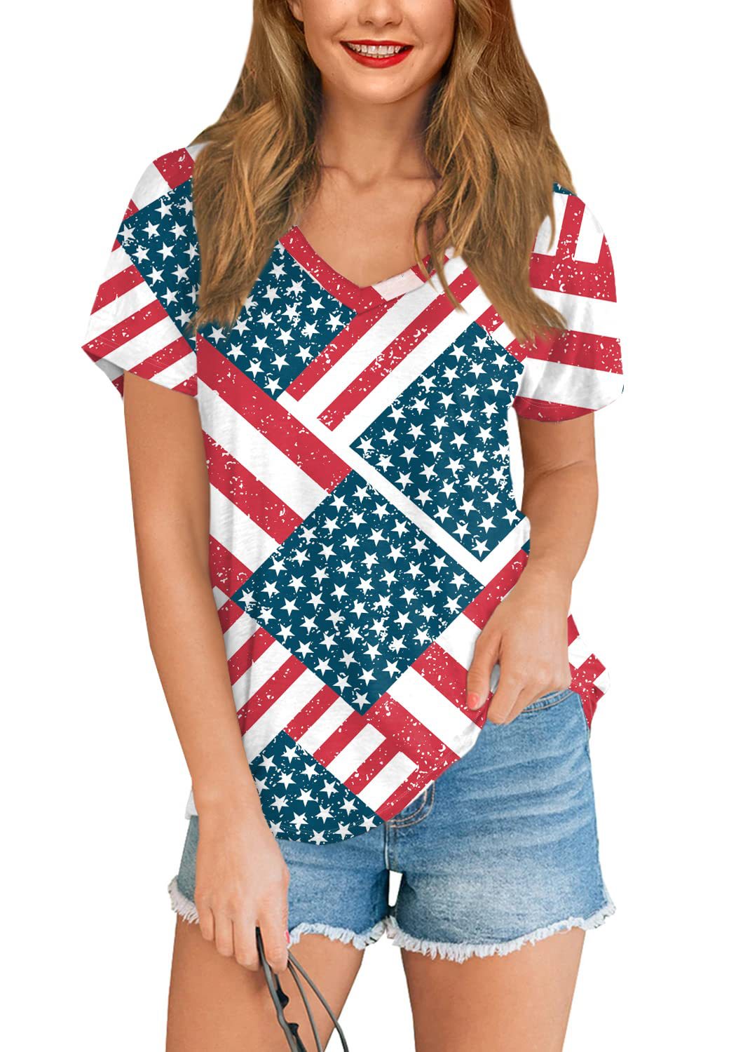 American Women's Clothing 3D Full Body Printing All-match Independence Day Short-sleeved Stars And Stripes Bottoming T-shirt