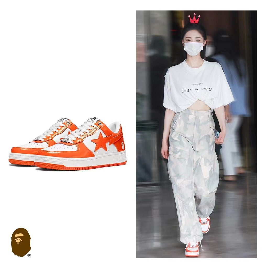 BAPESTA Green Black And White Lake Blue Patent Leather Casual Sneakers Vibe Street Contrast Color Low-top Men's And Women's Sneakers