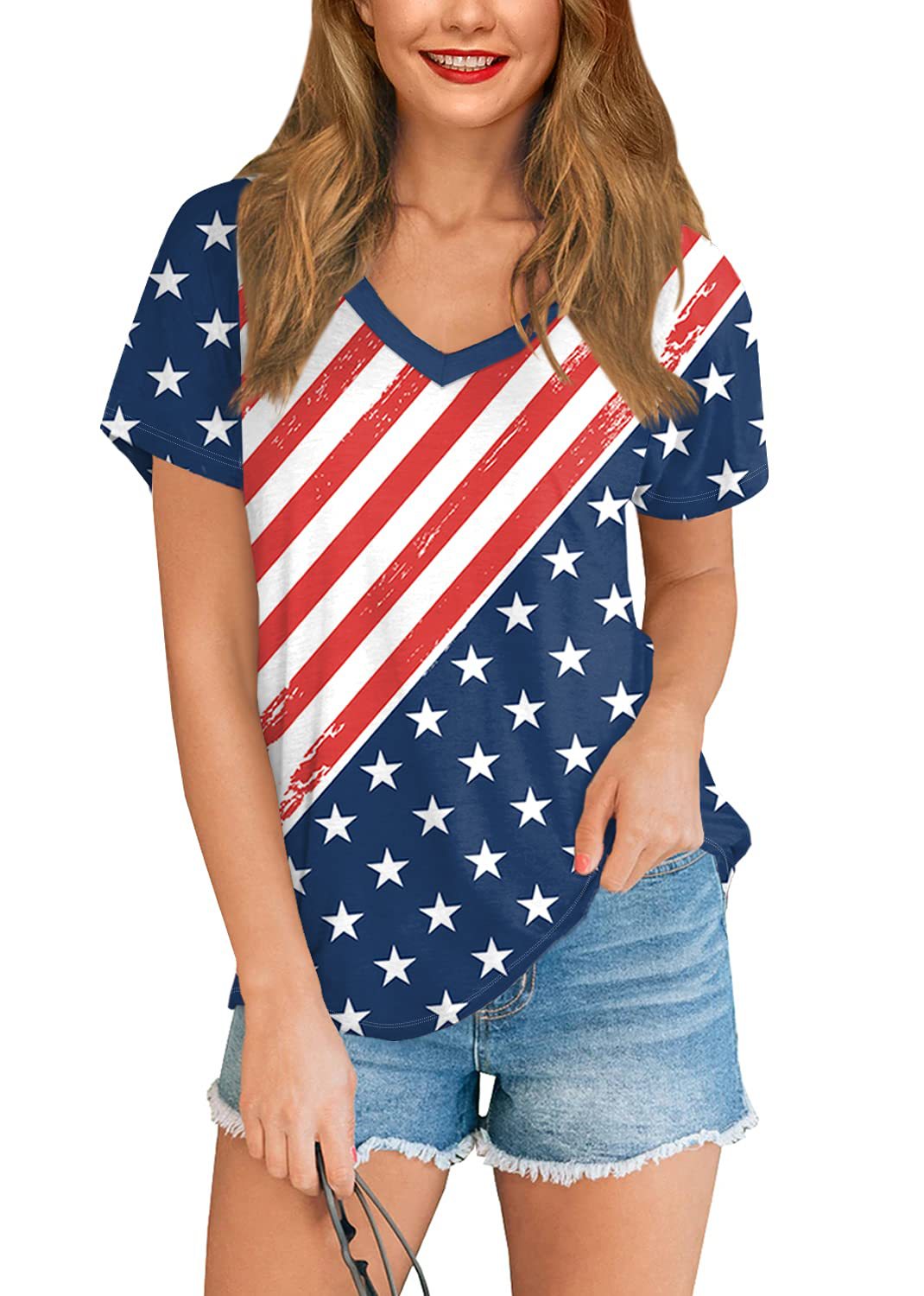 American Women's Clothing 3D Full Body Printing All-match Independence Day Short-sleeved Stars And Stripes Bottoming T-shirt