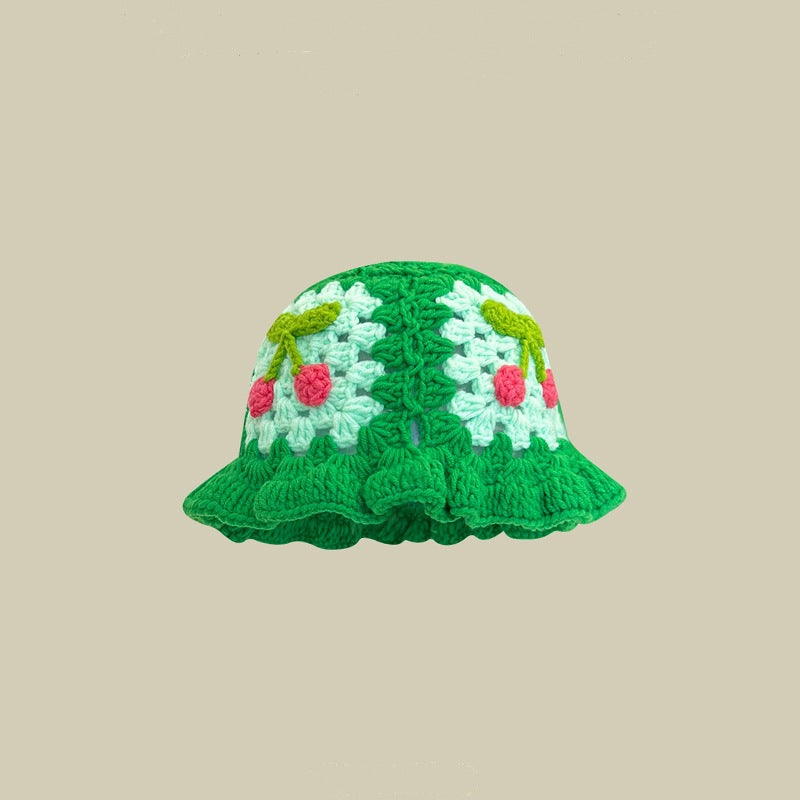 Japanese Retro Hollow Flower Hand-knitted Pot Hat Women