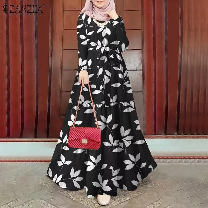 Women's Dress Vintage Polka Dot Print Robe Long Skirt Islamic Muslim Clothing