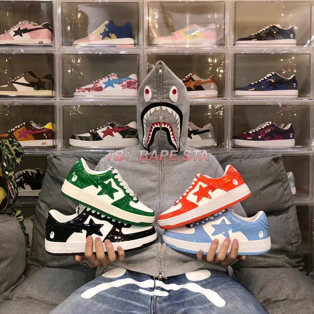 BAPESTA Green Black And White Lake Blue Patent Leather Casual Sneakers Vibe Street Contrast Color Low-top Men's And Women's Sneakers