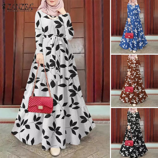 Women's Dress Vintage Polka Dot Print Robe Long Skirt Islamic Muslim Clothing