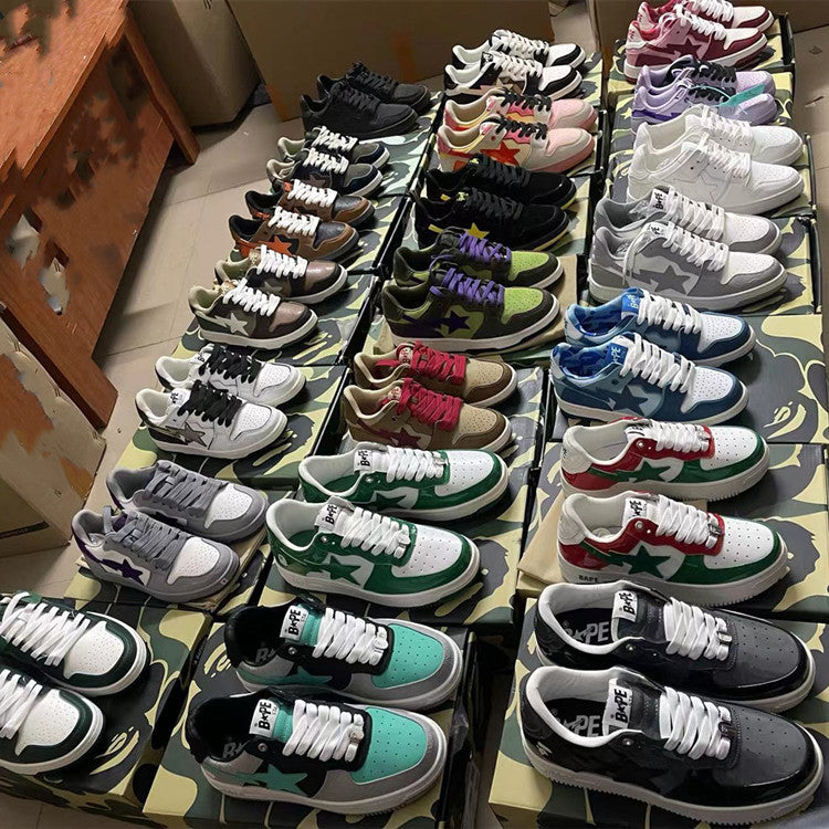 BAPESTA Green Black And White Lake Blue Patent Leather Casual Sneakers Vibe Street Contrast Color Low-top Men's And Women's Sneakers