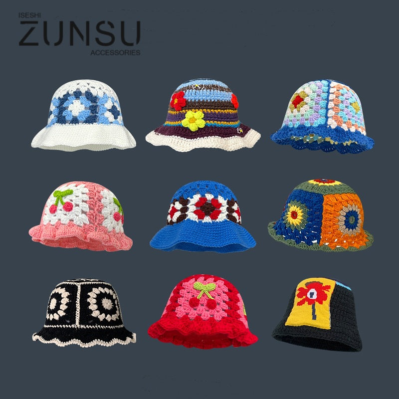 Japanese Retro Hollow Flower Hand-knitted Pot Hat Women