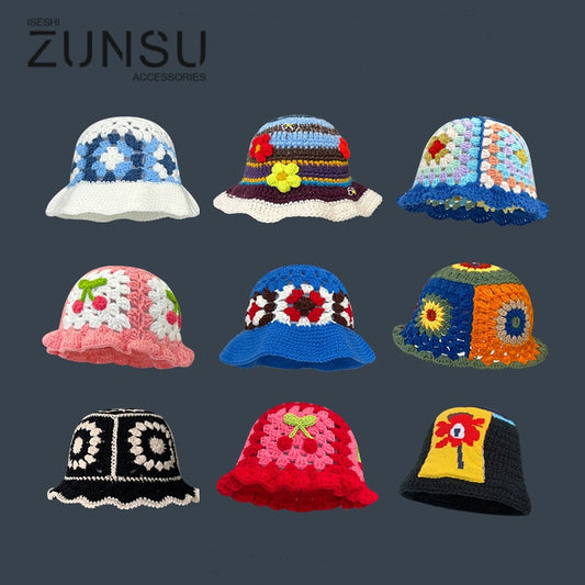 Japanese Retro Hollow Flower Hand-knitted Pot Hat Women